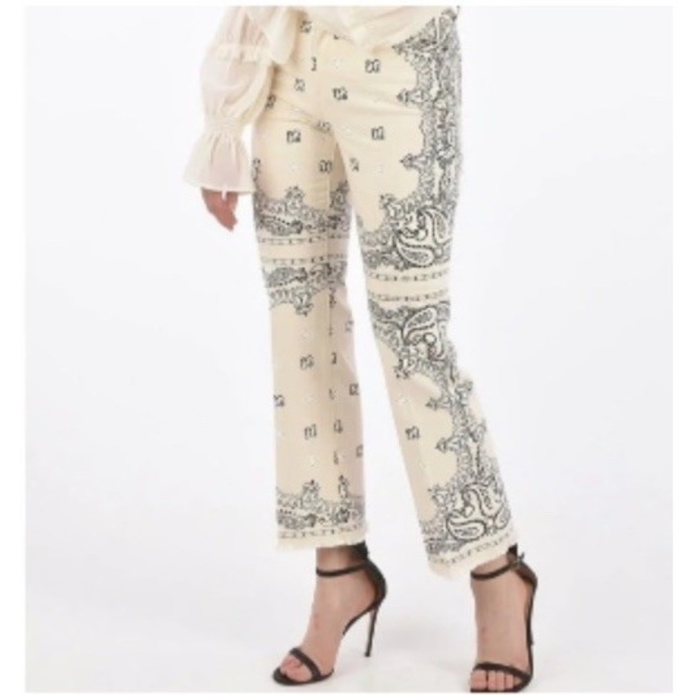 Tory Burch Size 27 Paisley Logo Raw Edge Boot Denim Pant Ivory Americana Bandana